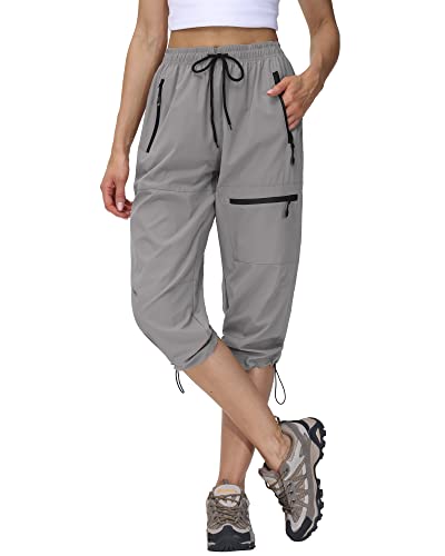 Butrends Damen Wanderhose Sommer Leichter Jogger Caprihose Atmungsaktive Outdoorhose 3/4 Cargohose Schnell Trocknend Trekkinghose mit Reißverschlusstaschen Hellgrau, M von Butrends