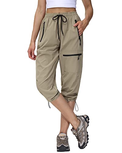 Butrends Damen Wanderhose Sommer Leichter Jogger Caprihose Atmungsaktive Outdoorhose 3/4 Cargohose Schnell Trocknend Trekkinghose mit Reißverschlusstaschen Khaki, L von Butrends