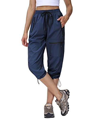 Butrends Damen Wanderhose Sommer Leichter Jogger Caprihose Atmungsaktive Outdoorhose 3/4 Cargohose Schnell Trocknend Trekkinghose mit Reißverschlusstaschen Navy blau, M von Butrends