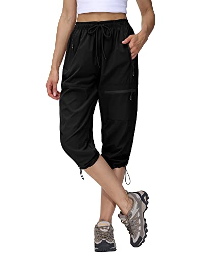 Butrends Damen Wanderhose Sommer Leichter Jogger Caprihose Atmungsaktive Outdoorhose 3/4 Cargohose Schnell Trocknend Trekkinghose mit Reißverschlusstaschen Schwarz, L von Butrends