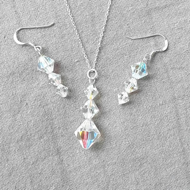 Recyceltes Schmuckset, Funkelnde Halskette Und Ohrringe Mit Wiederverwerteten Vintage 1950S Klarglasperlen, Brautschmuck Aus Sterlingsilber von ButterandBath