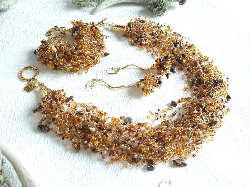 Tigerauge Schmuck-Set, Braun Häkelschmuck Set Von 3, Luftige Perlenhalskette, Schwiegermutter Geschenkidee Für Frau/Schwester Mutter Tigerauge Schmuck-Set, Braun Häkelschmuck Set Von 3, Luftige Perlenhalskette, Schwiegermutter Geschenkidee Für Frau/Schwester Mutter von ButtercupGoods