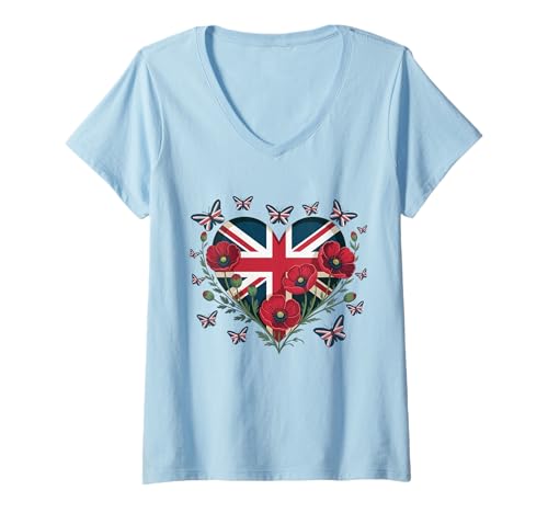 Damen Union Jack Schmetterlinge UK Flagge Blumen Frauen Mädchen Union Jack T-Shirt mit V-Ausschnitt von Butterflies UK Flag Flowers Women Girl