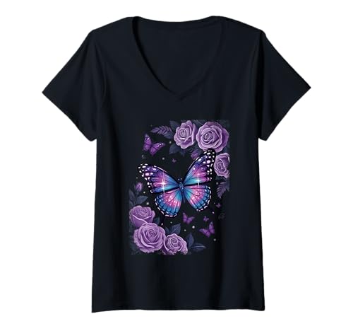 Damen Niedliche lila Schmetterlingsflügel und Rose Vintage Blumen Grafik T-Shirt mit V-Ausschnitt Damen Niedliche lila Schmetterlingsflügel und Rose Vintage Blumen Grafik T-Shirt mit V-Ausschnitt von Butterfly And Rose Lovers