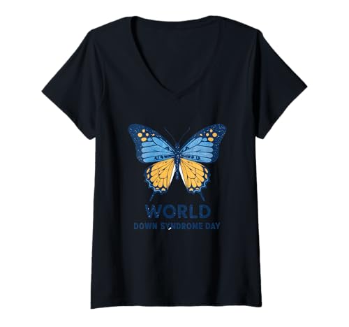 Damen Schmetterlingsunterstützung zum Welt-Down-Syndrom-Tag T-Shirt mit V-Ausschnitt Damen Schmetterlingsunterstützung zum Welt-Down-Syndrom-Tag T-Shirt mit V-Ausschnitt von Butterfly Awareness Down Syndrome Support