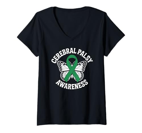 Damen Grünes Band für Zerebralparese-Bewusstseinsschmetterling T-Shirt mit V-Ausschnitt von Butterfly CP Awareness Month