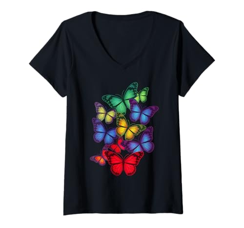 Damen Schmetterling, bunt, Regenbogen-Schmetterlinge, Damen, Herren, Jungen, Mädchen T-Shirt mit V-Ausschnitt von Butterfly Clothes For Women Men Boys Girls
