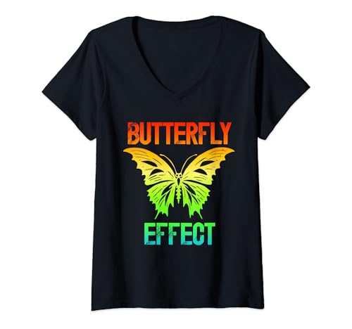 Damen Butterfly Effect T-shirt Techno Festival Tekk Schmetterling T-Shirt mit V-Ausschnitt Damen Butterfly Effect T-shirt Techno Festival Tekk Schmetterling T-Shirt mit V-Ausschnitt von Butterfly Effect Techno Chaos Theory Rave Raver