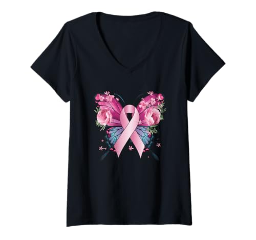 Damen Schmetterling rosa Schleife Brustkrebs-Bewusstsein T-Shirt mit V-Ausschnitt Damen Schmetterling rosa Schleife Brustkrebs-Bewusstsein T-Shirt mit V-Ausschnitt von Butterfly Pink Ribbon Awareness Hope