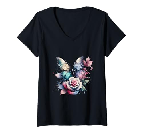 Damen Schmetterling Rose Harmonie Aquarell Natur Kunst T-Shirt mit V-Ausschnitt Damen Schmetterling Rose Harmonie Aquarell Natur Kunst T-Shirt mit V-Ausschnitt von Butterfly Rose