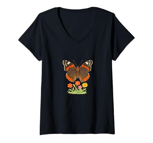 Damen Red Admiral Butterfly, Natur, Insektenliebhaber, Retro-Wildtiere T-Shirt mit V-Ausschnitt von Butterfly Trails and Wingscapes