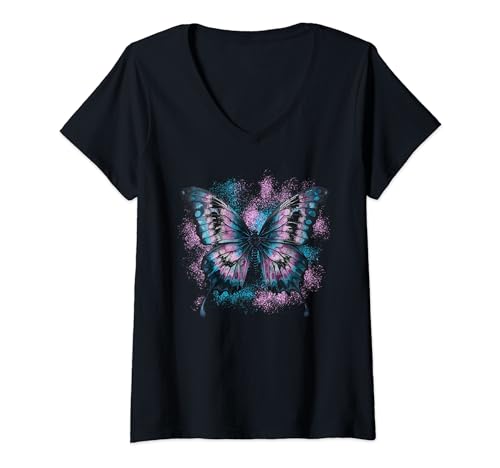 Damen Butterfly Trans Flag Trans Kid Schmetterlinge Cute Nature T-Shirt mit V-Ausschnitt von Butterfly Trans Flag Trans Kid Butterflies Cute
