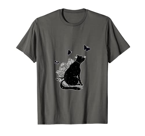 Damen Süße Katze Floral Schmetterling Magie T-Shirt von Butterfly