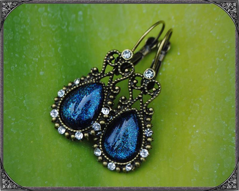 Glitzer Boho Ohrringe Teardrop - Weiß -Blau-Bronze von ButterflyLotusShop