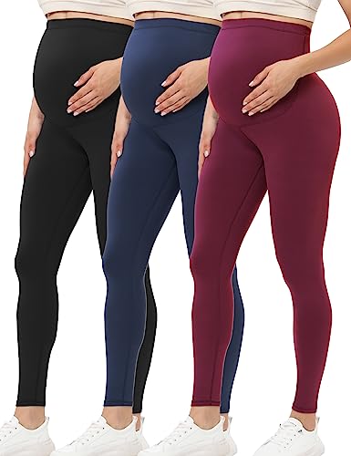 Buttergene Damen Schwangerschafts-Leggings über dem Bauch Mutterschaft Yoga Hose Workout Schwangerschaft Leggings, 3er-Pack Schwarz/Marineblau/Weinrot, M von Buttergene