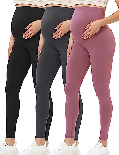 Buttergene Damen Schwangerschafts-Leggings über dem Bauch Mutterschaft Yoga Hose Workout Schwangerschaft Leggings, 3er-Pack schwarz/dunkelgrau/dunkelrosa, X-Groß von Buttergene