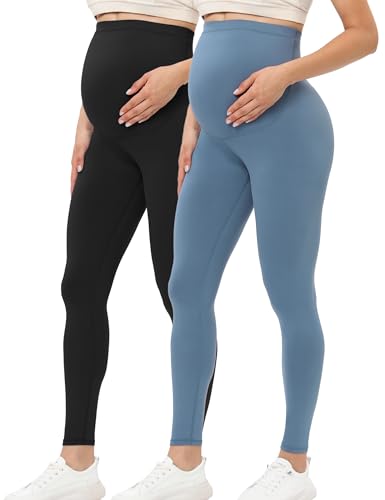 Buttergene Damen Umstandsleggings über dem Bauch Schwangerschaft Active Wear Workout Yoga Strumpfhosen Hosen, 2er-Pack, Schwarz/Dunkelblau, Groß von Buttergene