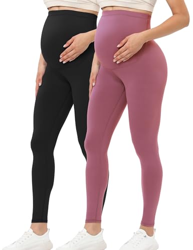 Buttergene Damen Umstandsleggings über dem Bauch Schwangerschaft Active Wear Workout Yoga Tights Hose, 2er-Pack, Schwarz/Dunkelrosa, S von Buttergene