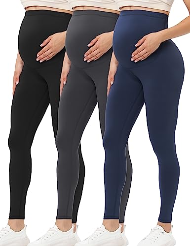 Buttergene Damen Umstandsleggings über dem Bauch Mutterschaft Yoga Hosen Workout Schwangerschaft Leggings, 3er-Pack Tinte Schwarz/Dunkelgrau/Marineblau, X-Groß von Buttergene