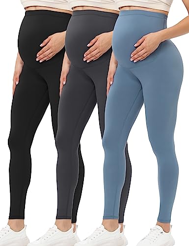 Buttergene Damen Umstandsleggings über dem Bauch Mutterschaft Yoga Hosen Workout Schwangerschaft Leggings, 3er-Pack Tinte schwarz/dunkelgrau/staubblau, M von Buttergene