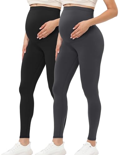 Buttergene Damen Umstandsleggings über dem Bauch Schwangerschaft Active Wear Workout Yoga Strumpfhosen Hosen, 2 Stück, Schwarz/Dunkelgrau, Small von Buttergene