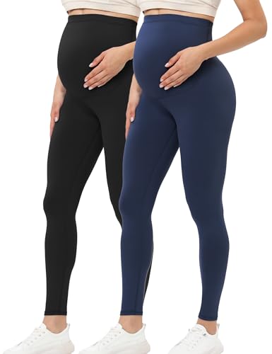 Buttergene Damen Umstandsleggings über dem Bauch Schwangerschaft Active Wear Workout Yoga Strumpfhosen Hosen, 2 Stück, Schwarz/Marineblau., M von Buttergene