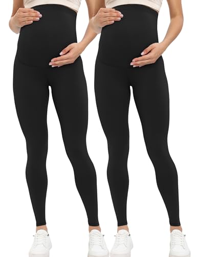 Buttergene Damen Umstandsleggings über dem Bauch Schwangerschaft Active Wear Workout Yoga Strumpfhosen Hosen, 2 x Schwarz, Medium von Buttergene