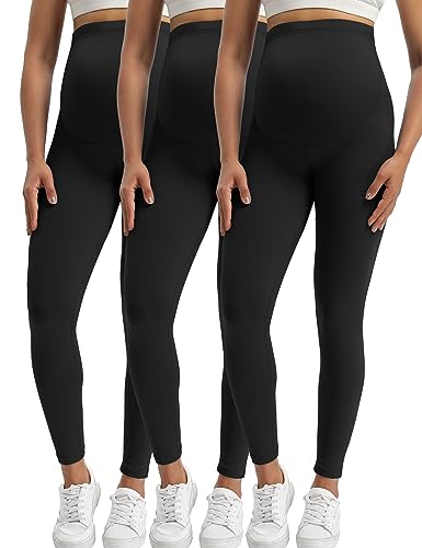 Buttergene Damen Umstandsleggings über dem Bauch Schwangerschaft Active Wear Workout Yoga Strumpfhosen Hosen, 3 Stück, schwarz x 3, Groß von Buttergene
