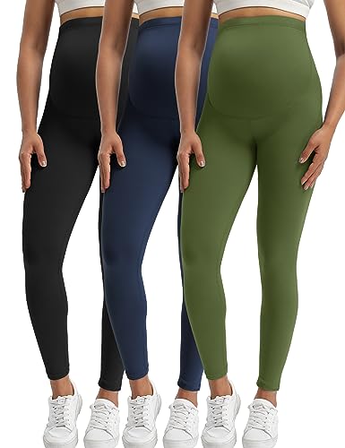 Buttergene Damen Umstandsleggings über dem Bauch Schwangerschaft Active Wear Workout Yoga Strumpfhosen Hosen, 3er-Pack Schwarz/Marineblau/Olivgrün, Groß von Buttergene