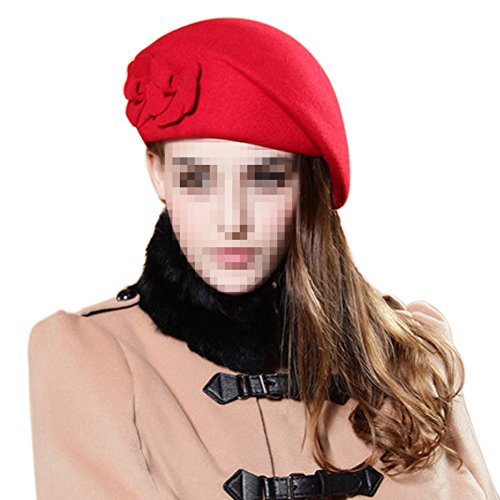 Butterme Damen Mädchen Fashion Französisch süß Blumen Bucket Wolle Felt Baskenmütze Beanie Bunker Hochzeit Bowler Hut Mütze Rote von ZUMUii