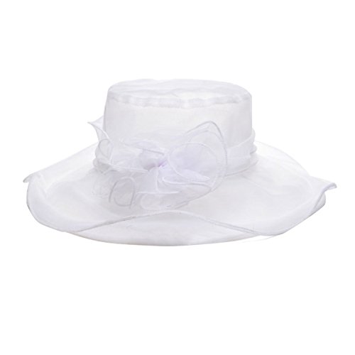 Butterme Damen Sommer Strand Hat Blumenmuster Chiffon großer Rand-Anti-UV Derby Sonnenhut Party Partei Kirche Hochzeit Blumenorganza-Hut (Weiß) von ZUMUii