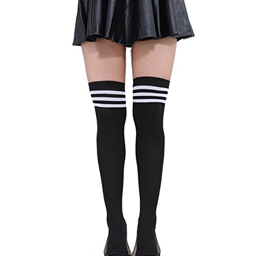 Butterme Frau Mädchen Über den Knie Extra Lang Fußball Rugby Socks Strümpfe Sport Tights mit Klassik Dreibettzimmer Stripes Cosplay Socken (Schwarz+Weiß) von ZUMUii