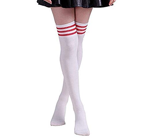 Butterme Frau Mädchen Über den Knie Extra Lang Fußball Rugby Socks Strümpfe Sport Tights mit Klassik Dreibettzimmer Stripes Cosplay Socken (Weiß+Rote) von ZUMUii