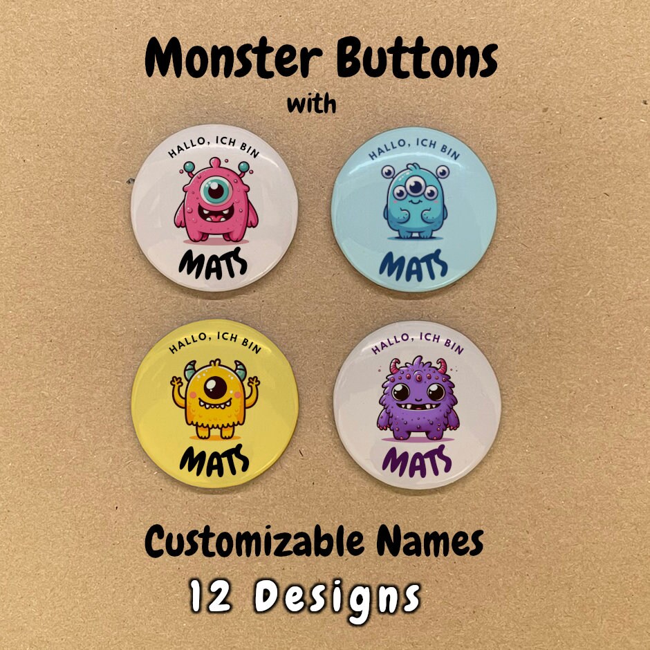 12 Designs | Personalisierbarer Kinder-Button Mit Süßen Monster-Motiven Namensbutton Zum Anstecken Sicherheitsnadel 32mm 12 Designs | Personalisierbarer Kinder-Button Mit Süßen Monster-Motiven Namensbutton Zum Anstecken Sicherheitsnadel 32mm von ButtonBase