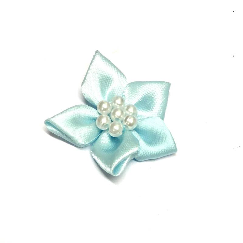 10 Hellblaue Satinband-Blumen Perlenverzierungen, Handwerk Applikationen von Buttonsheduk