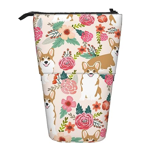 ButxeT Federmäppchen, Corgi-Blumen, Frühlingsgarten-Druck, Stand-Bleistifttasche, Teleskop-Stifthalter, Bleistiftbeutel, Pop-Up-Bleistiftbox, Kosmetiktasche von ButxeT