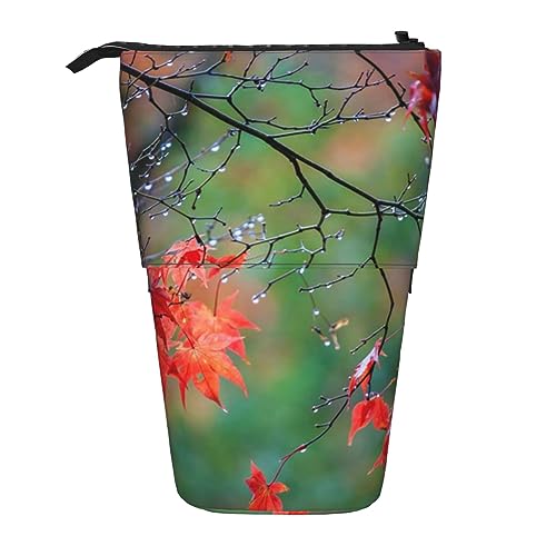 ButxeT Federmäppchen mit Aufschrift „Dew On Red Leaves Print“, stehende Bleistifttasche, Teleskop-Stifthalter, Bleistiftbeutel, Pop-up-Bleistiftbox, Kosmetiktasche für Damen und Herren von ButxeT