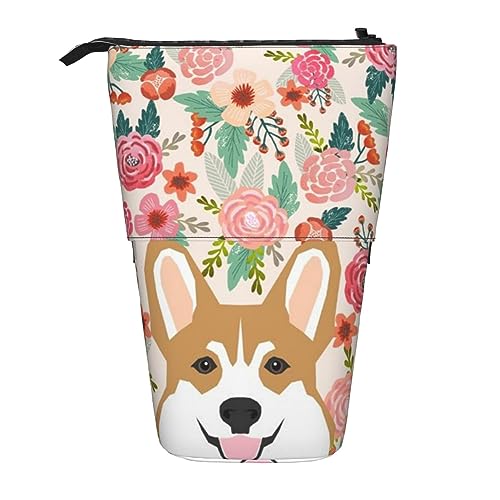 ButxeT Federmäppchen mit Corgi-Blumenmuster, Stand-Bleistifttasche, teleskopischer Stifthalter, Pop-Up-Bleistiftbox, Kosmetiktasche von ButxeT