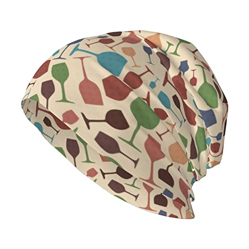 ButxeT Gestrickte Mütze, Retro-Motiv mit Weingläsern, Beanie-Mütze, lustiger Stretch-Schal, Kopfwickel, multifunktionale Kopfbedeckung von BUTXET