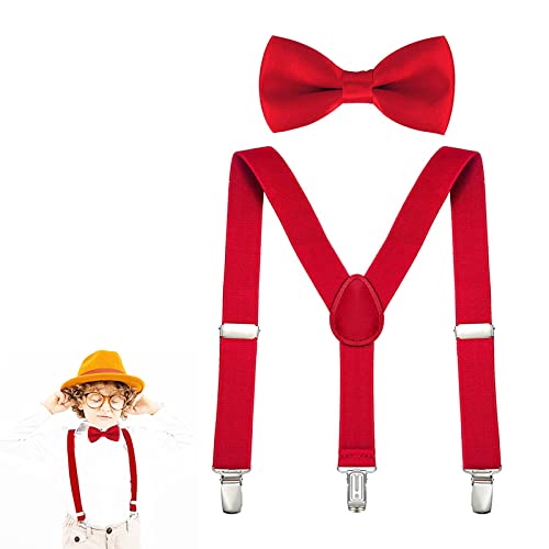 Butyeak Kinder Hosenträger Fliege Sets, Hosenträger Fliegen Set, Y-Form Einstellbar Hosenträger, Verstellbare Fliege und Hosenträger im Set für Jungen und Mädchen, rot von Butyeak