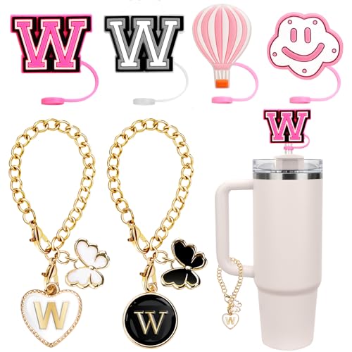 Stanley-Becherzubehör, 6 Stück, 10 mm Strohhalm-Abdeckkappe und 2 Schmetterlings-Buchstaben-Anhänger für 30 und 1,2 l Tassen, Strohaufsätze (W) von Buvizas