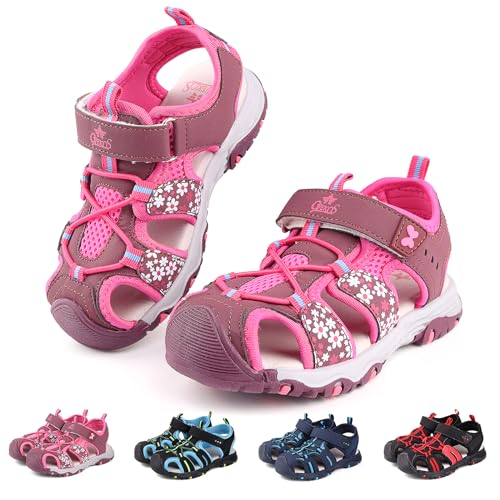 Buwege Kinder Geschlossen Sandalen Jungen Mädchen Outdoor Sport Sandalen Wandern Wasserdichte Schuhe Abenteuer Sommer Strand Pool Sneakers Rosa Rot 27 EU（Hersteller Größe 29） von Buwege