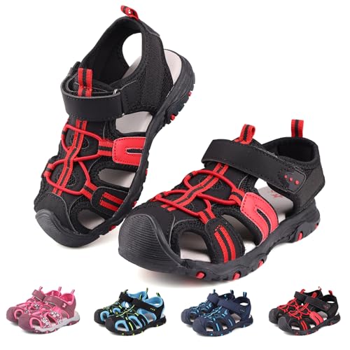 Buwege Kinder Geschlossen Sandalen Jungen Mädchen Outdoor Sport Sandalen Wandern Wasserdichte Schuhe Abenteuer Sommer Strand Pool Sneakers Schwarz Rot 29 EU（Hersteller Größe 31） von Buwege