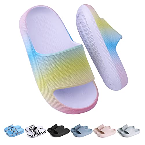 Buwege Unisex Kinder Badelatschen Jungen Mädchen Badeschlappen Cozy Slides Wolken Schlappen Original Eva Weiche Dicke Sohle rutschfeste Schwimmbad Strand Badeschuhe Regenbogen 33 EU von Buwege