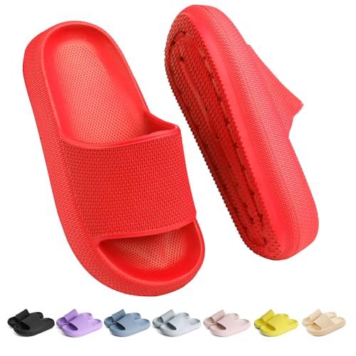 Buwege Unisex Kinder Badelatschen Jungen Mädchen Badeschlappen Cozy Slides Wolken Schlappen Original Eva Weiche Dicke Sohle rutschfeste Schwimmbad Strand Badeschuhe Rot 30 EU von Buwege