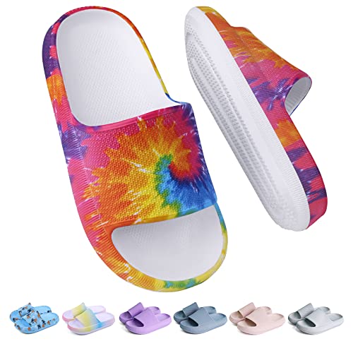 Buwege Unisex Kinder Badelatschen Jungen Mädchen Badeschlappen Cozy Slides Wolken Schlappen Original Eva Weiche Dicke Sohle rutschfeste Schwimmbad Strand Badeschuhe Tie-Dye-Färben 30 EU von Buwege