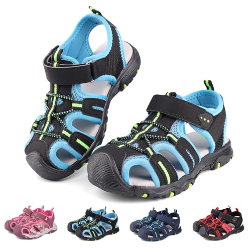 Kinder Geschlossen Sandalen Jungen Mädchen Outdoor Sport Sandalen Wandern Wasserdichte Schuhe Abenteuer Sommer Strand Pool Sneakers Schwarz Grün Blau 27 EU（Hersteller Größe 29） von Buwege