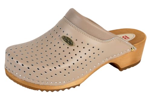 Buxa F11 Damen Clogs Leder Schuhe aus Holz, Holzclogs Pantolette, Holz Sohle (Beige, EU Schuhgrößensystem, Erwachsene, Damen, Numerisch, M, 39) von Buxa