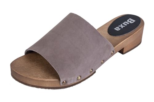 Buxa L40 Damen Clogs Leder Schuhe aus Holz, Holzclogs Pantolette, Holz Sohle (Grau, EU Schuhgrößensystem, Erwachsene, Damen, Numerisch, M, 37) von Buxa