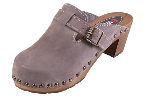 Buxa OS4 Damen Clogs Leder Schuhe aus Holz, Holzclogs Pantolette, Holz Sohle (Grau, EU Schuhgrößensystem, Erwachsene, Damen, Numerisch, M, 37) von Buxa